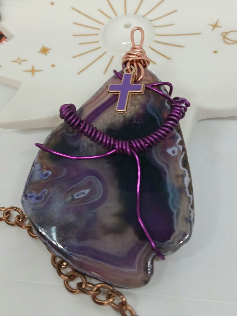 COPPER WIRE WRAPPED PURPLE AGATE PENDANT